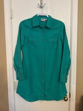 Cowgirl Justice Teal Western Shirt Dress Long Sleeve Pearl Snap Front Sz M Rodeo